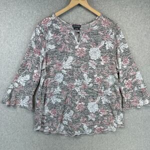 Van Heusen Top Women Size L Gray Pink Floral Rayon Blend 3/4 Bell Sleeve Keyhole